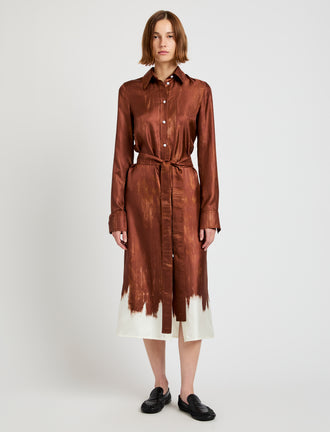 Proenza Schouler Front full length image of model wearing Amaya Dress in Double Printed Silk Twill in Sienna Multi