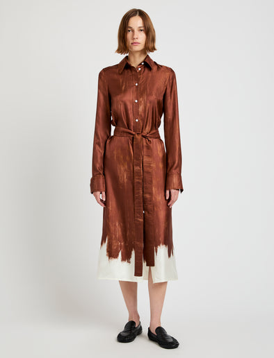 Proenza Schouler Front full length image of model wearing Amaya Dress in Double Printed Silk Twill in Sienna Multi