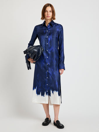 Proenza Schouler Front full length image of model wearing Amaya Dress in Double Printed Silk Twill in Cobalt Multi
