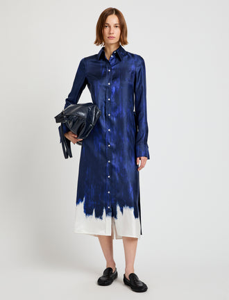 Proenza Schouler Front full length image of model wearing Amaya Dress in Double Printed Silk Twill in Cobalt Multi