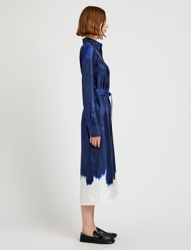 Proenza Schouler Side full length image of model wearing Amaya Dress in Double Printed Silk Twill in Cobalt Multi