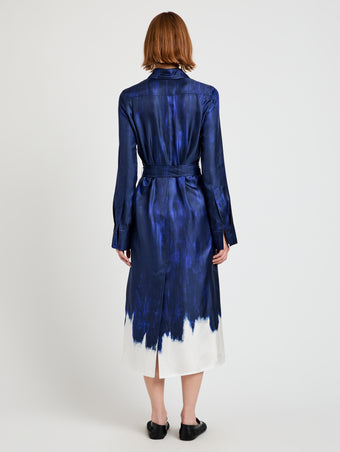 Proenza Schouler Back full length image of model wearing Amaya Dress in Double Printed Silk Twill in Cobalt Multi