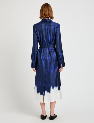 Proenza Schouler Back full length image of model wearing Amaya Dress in Double Printed Silk Twill in Cobalt Multi
