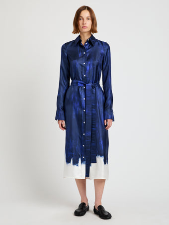 Proenza Schouler Front full length image of model wearing Amaya Dress in Double Printed Silk Twill in Cobalt Multi