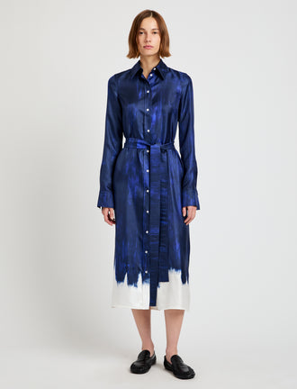 Proenza Schouler Front full length image of model wearing Amaya Dress in Double Printed Silk Twill in Cobalt Multi