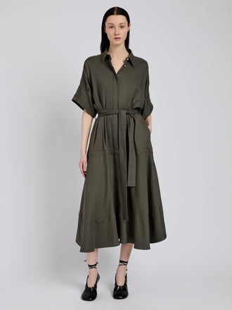 Proenza Schouler Front full length image of model wearing Scottie Dress in Eco Stretch Linen Viscose in Fatigue