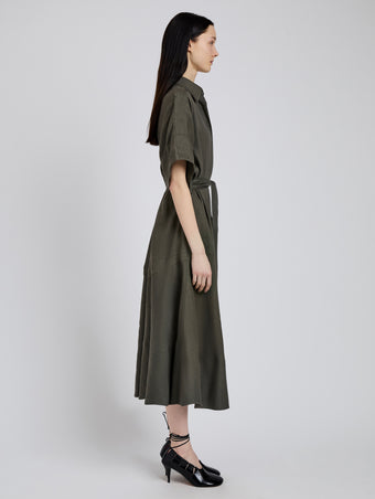 Proenza Schouler Side full length image of model wearing Scottie Dress in Eco Stretch Linen Viscose in Fatigue