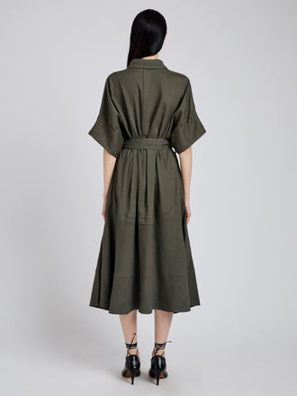 Proenza Schouler Back full length image of model wearing Scottie Dress in Eco Stretch Linen Viscose in Fatigue