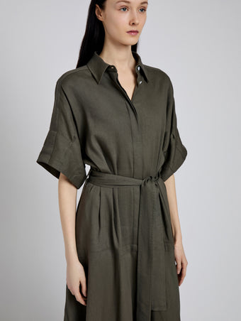 Proenza Schouler Detail image of model wearing Scottie Dress in Eco Stretch Linen Viscose in Fatigue