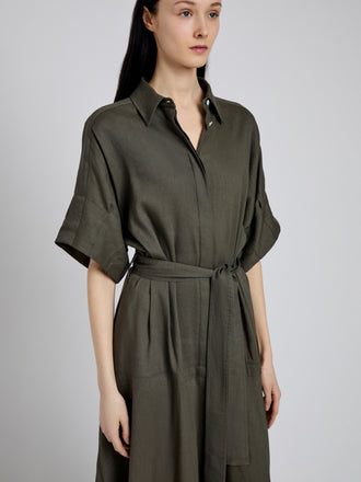 Proenza Schouler Detail image of model wearing Scottie Dress in Eco Stretch Linen Viscose in Fatigue