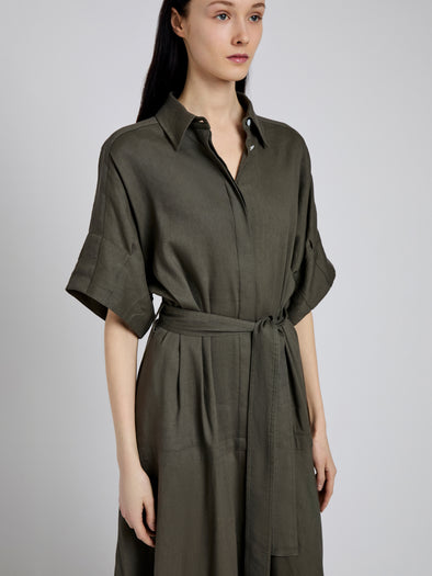 Proenza Schouler Detail image of model wearing Scottie Dress in Eco Stretch Linen Viscose in Fatigue