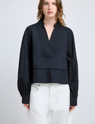 Proenza Schouler detail image of model wearing Grayson Top in Eco Cotton Poplin in black