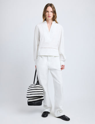 Proenza Schouler Front full length image of model wearing Grayson Top in Eco Cotton Poplin in White