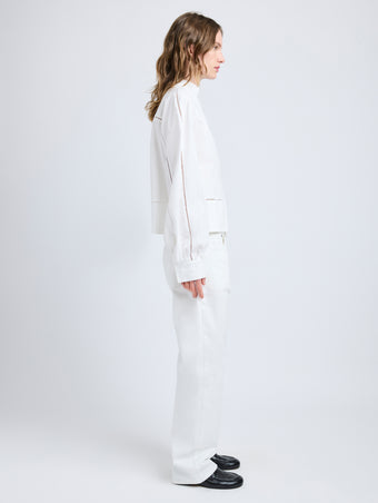 Proenza Schouler Side full length image of model wearing Grayson Top in Eco Cotton Poplin in White