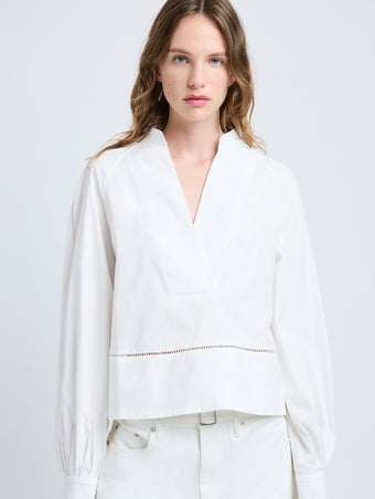 Proenza Schouler Detail image of model wearing Grayson Top in Eco Cotton Poplin in White