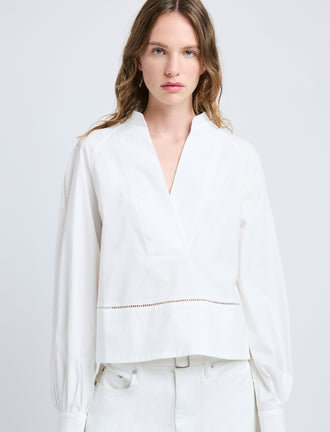 Proenza Schouler Detail image of model wearing Grayson Top in Eco Cotton Poplin in White