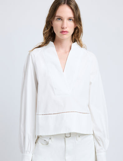 Proenza Schouler Detail image of model wearing Grayson Top in Eco Cotton Poplin in White