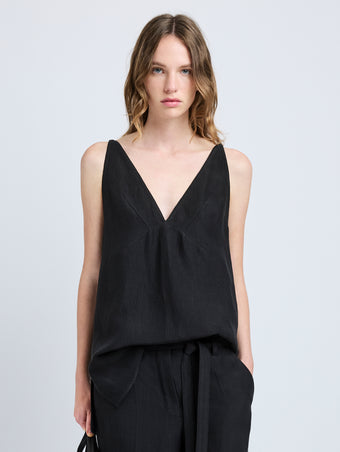 Proenza Schouler Front cropped image of model wearing Mitchell Top in Cotton Viscose Linen in Black
