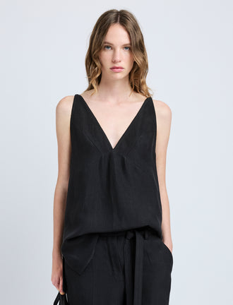 Proenza Schouler Front cropped image of model wearing Mitchell Top in Cotton Viscose Linen in Black