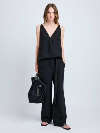 Proenza Schouler Front full length image of model wearing Mitchell Top in Cotton Viscose Linen in Black