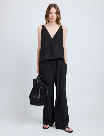 Proenza Schouler Front full length image of model wearing Mitchell Top in Cotton Viscose Linen in Black