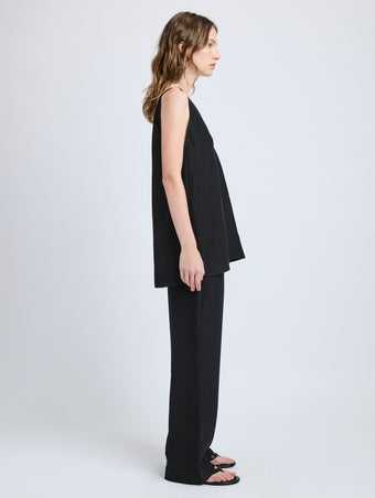 Proenza Schouler Side full length image of model wearing Mitchell Top in Cotton Viscose Linen in Black