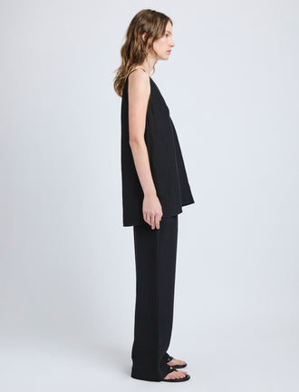 Proenza Schouler Side full length image of model wearing Mitchell Top in Cotton Viscose Linen in Black