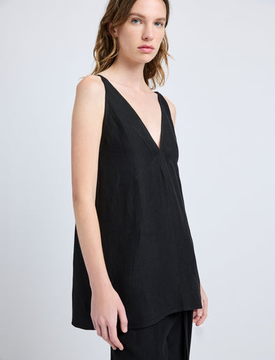 Proenza Schouler Detail image of model wearing Mitchell Top in Cotton Viscose Linen in Black