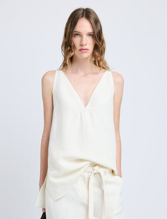 Proenza Schouler Front cropped image of model wearing Mitchell Top in Cotton Viscose Linen in Ecru