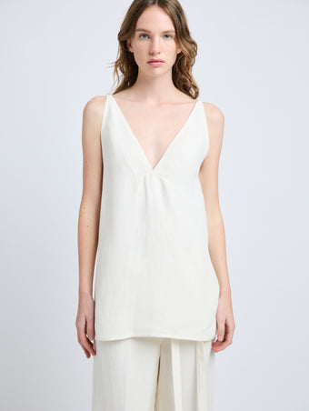 Proenza Schouler Detail image of model wearing Mitchell Top in Cotton Viscose Linen in Ecru