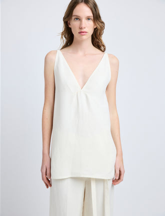 Proenza Schouler Detail image of model wearing Mitchell Top in Cotton Viscose Linen in Ecru