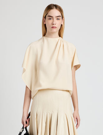 Proenza Schouler Front cropped image of model wearing Etta Top in Hammered Viscose in Champagne