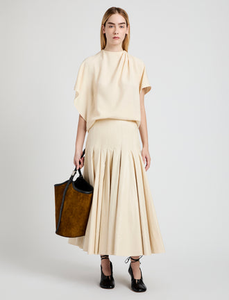 Proenza Schouler Front full length image of model wearing Etta Top in Hammered Viscose in Champagne