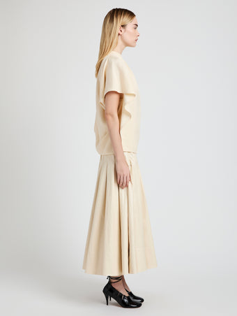 Proenza Schouler Side full length image of model wearing Etta Top in Hammered Viscose in Champagne