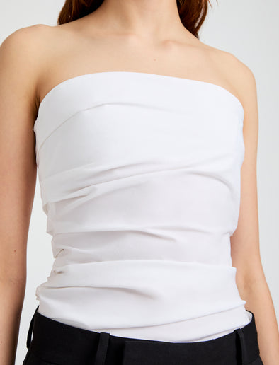 Proenza Schouler Detail image of model wearing Lena Top in Bi-Stretch Cotton Nylon in Off White