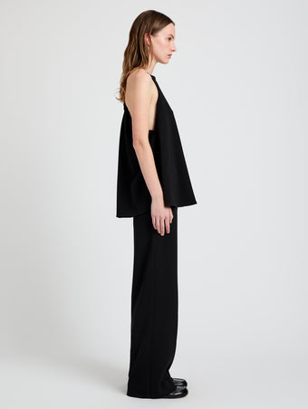 Proenza Schouler Side full length image of model wearing Ensley Top in Matte Double Crepe in Black