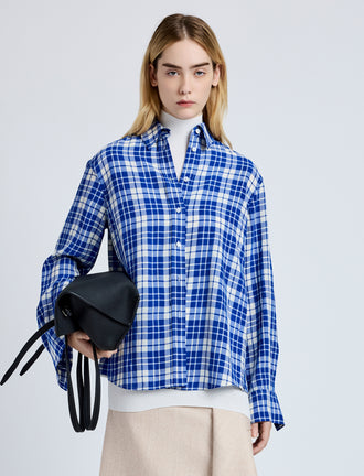 Proenza Schouler Front cropped image of model wearing Bronwen Top in Crinkled Plaid in Cobalt Multi