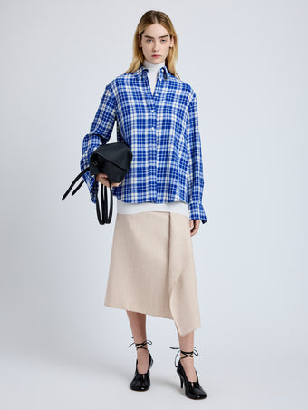Proenza Schouler Front full length image of model wearing Bronwen Top in Crinkled Plaid in Cobalt Multi