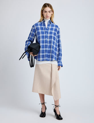 Proenza Schouler Front full length image of model wearing Bronwen Top in Crinkled Plaid in Cobalt Multi