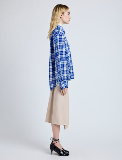 Proenza Schouler Side full length image of model wearing Bronwen Top in Crinkled Plaid in Cobalt Multi