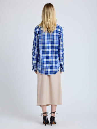 Proenza Schouler Back full length image of model wearing Bronwen Top in Crinkled Plaid in Cobalt Multi