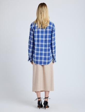 Proenza Schouler Back full length image of model wearing Bronwen Top in Crinkled Plaid in Cobalt Multi