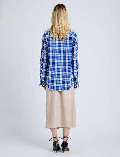 Proenza Schouler Back full length image of model wearing Bronwen Top in Crinkled Plaid in Cobalt Multi