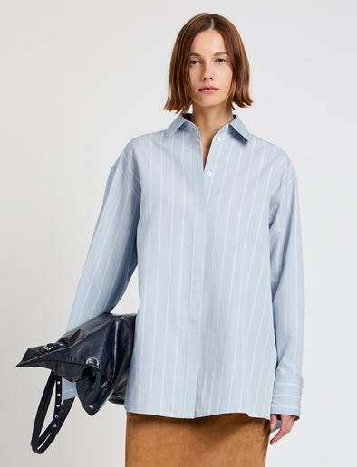 Proenza Schouler Front cropped image of model wearing Addy Top in Stripe Cotton Silk Poplin in Grey Multi
