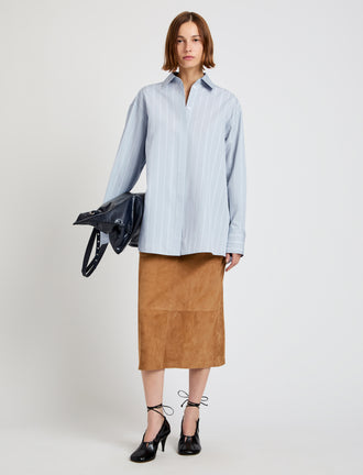 Proenza Schouler Front full length image of model wearing Addy Top in Stripe Cotton Silk Poplin in Grey Multi