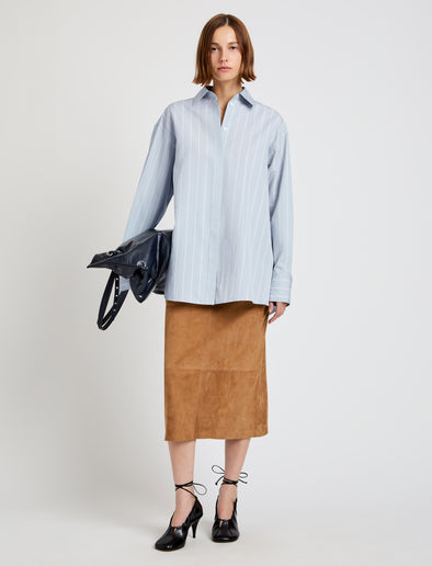 Proenza Schouler Front full length image of model wearing Addy Top in Stripe Cotton Silk Poplin in Grey Multi