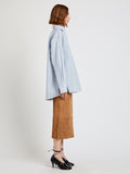Proenza Schouler Side full length image of model wearing Addy Top in Stripe Cotton Silk Poplin in Grey Multi