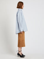 Proenza Schouler Side full length image of model wearing Addy Top in Stripe Cotton Silk Poplin in Grey Multi