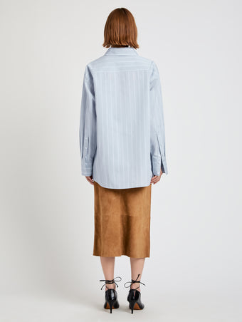 Proenza Schouler Back full length image of model wearing Addy Top in Stripe Cotton Silk Poplin in Grey Multi