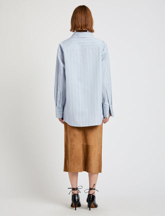 Proenza Schouler Back full length image of model wearing Addy Top in Stripe Cotton Silk Poplin in Grey Multi